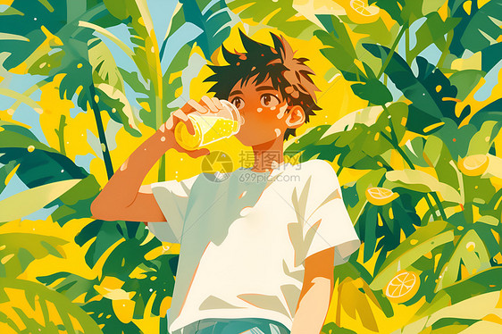 少年喝柠檬水的插画图片