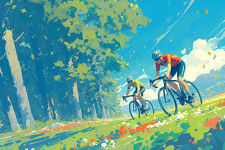 自然绿骑行林间绿的自行车之旅插画