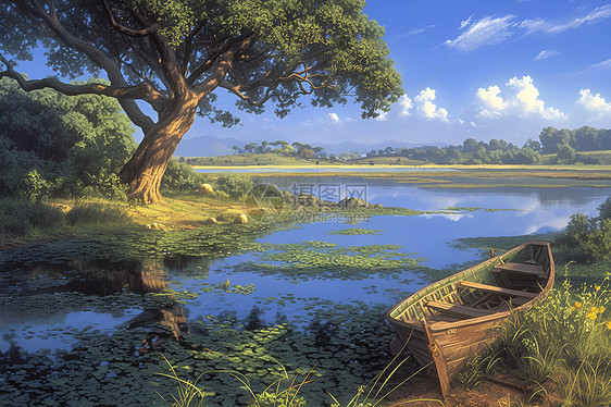 湖边小船与自然美景图片