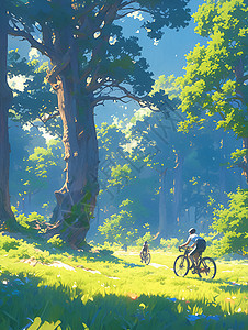 青年骑车穿越青翠森林图片