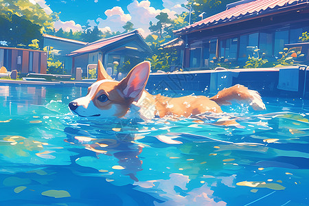 柯基犬在水中游泳图片