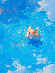 蓝色水池中的小狗图片