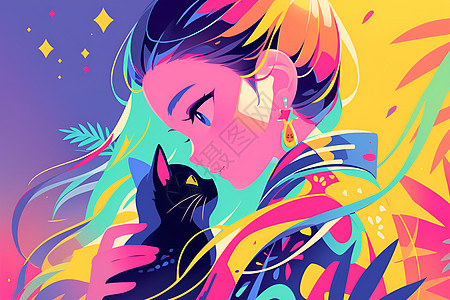 色彩艳丽的女孩和猫咪背景图片