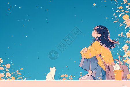 宠物打架少女与猫咪插画