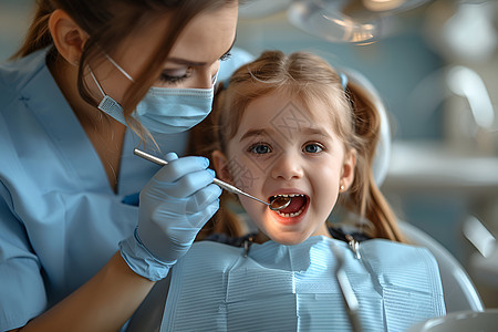 小女孩坐在牙医椅上图片