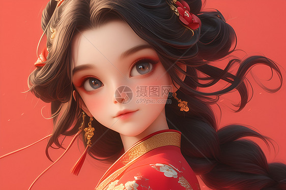 红衣少女瑰丽插画图片