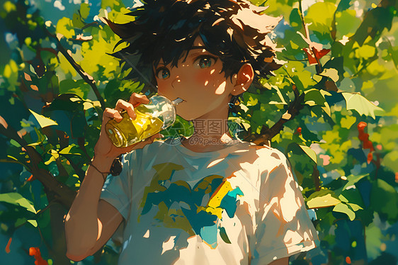 植物中喝柠檬水的男孩图片