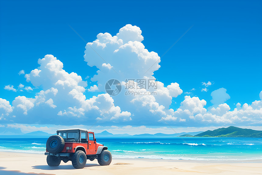海滩上停靠的汽车插图图片