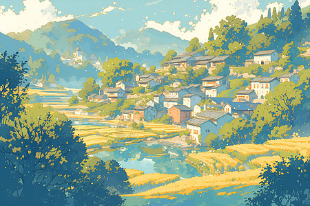 山间的村庄插图高清图片
