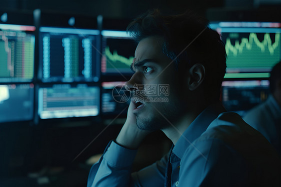 电脑前看股票的男子图片