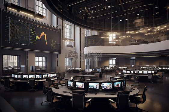 股票交易室内的电脑屏幕图片