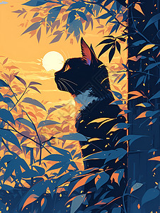 阳光动物猫咪在树叶丛中插画