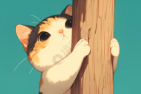 猫咪在攀爬木柱高清图片