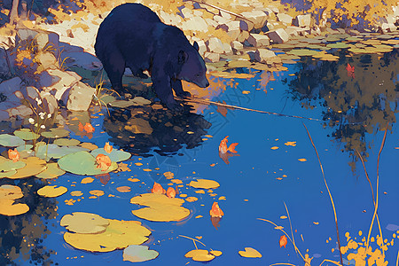 池塘边捕鱼的熊图片