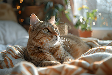 坐在毯子里的猫咪图片
