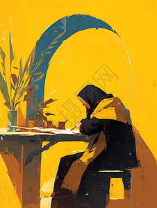 女人在桌子上作画图片