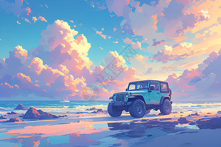 美丽夕阳下的沙滩吉普车图片
