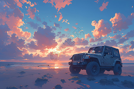 日落海滩上停放的吉普车图片