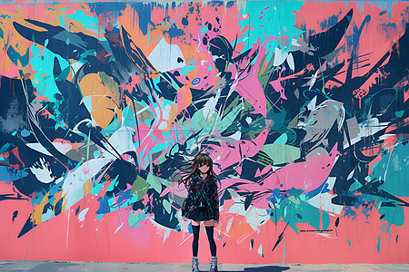 街头涂鸦墙下的时尚女孩图片