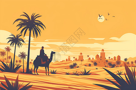 沙漠植物沙漠内的一匹骆驼插画
