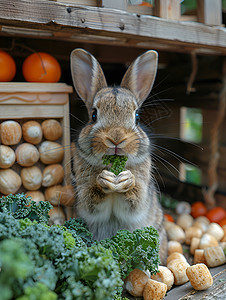 双手拿菜叶的兔子图片