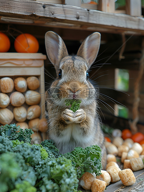 双手拿菜叶的兔子图片