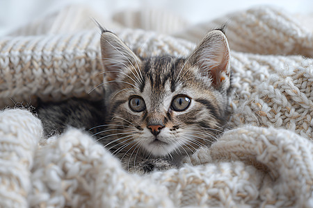 毛毯盖住的猫咪图片