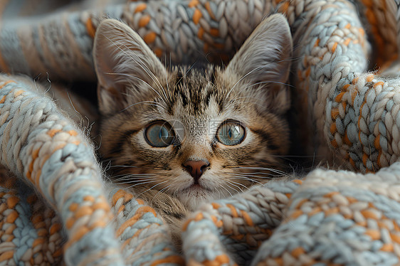 小猫丛毛毯中探头图片