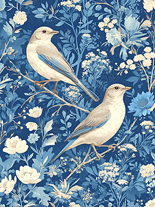 蓝色花鸟图案图片