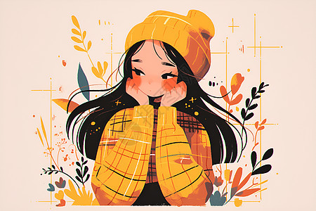 花丛中的女孩戴着黄色毛线帽图片