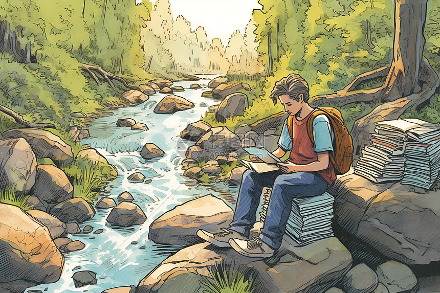 青年学生在溪流旁看书图片