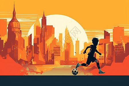 孩子城市夕阳城市里踢足球的男孩插画