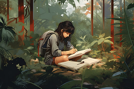 树林里学习的女孩图片