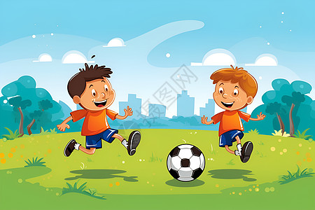 男孩在草地上踢足球背景图片