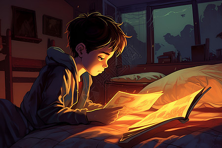 灯光里阅读的小男孩图片
