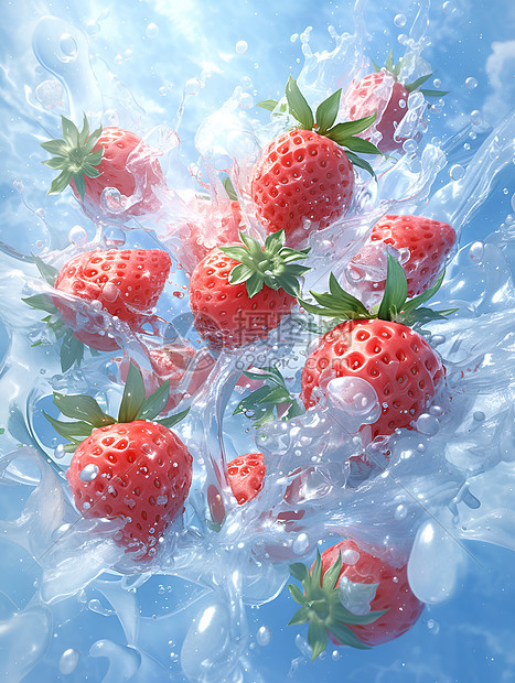 草莓在水中漂浮图片