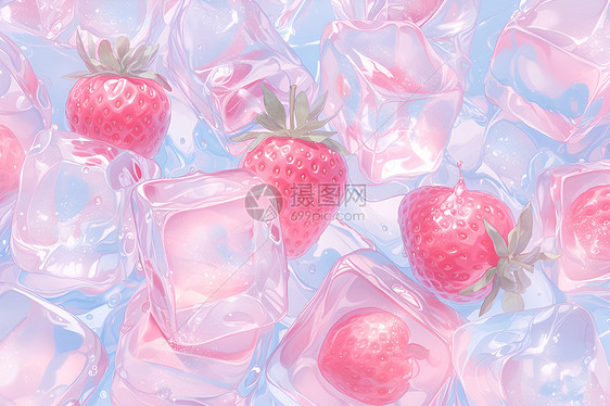 水里的草莓和冰块图片