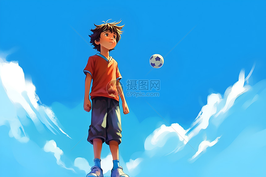 蓝天下的足球和男孩图片