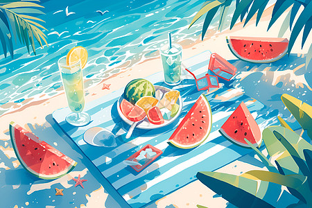 水果渍海滩上的西瓜插画
