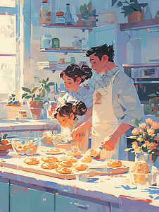 一家人在厨房里烤面包图片