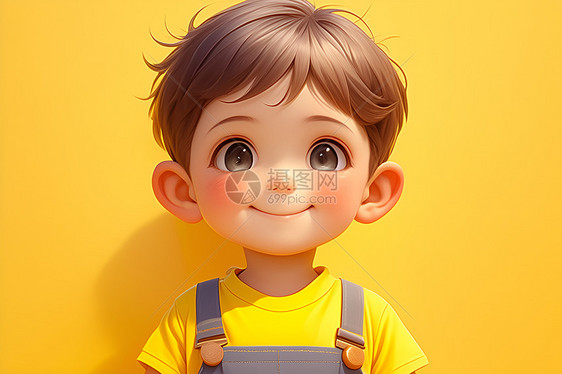 小男孩在黄色墙前微笑图片