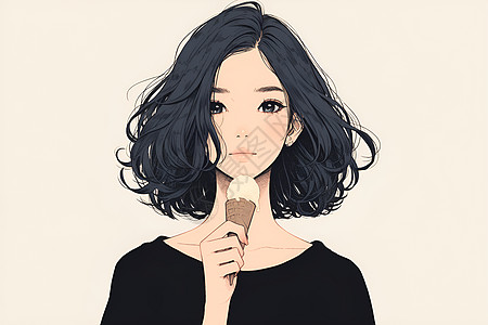 黑衣女子手持冰淇淋图片