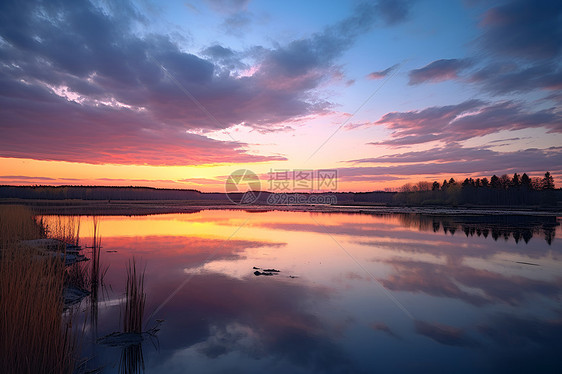 夕阳映照下的湖泊图片