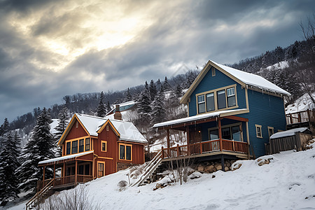 雪山上的小屋图片