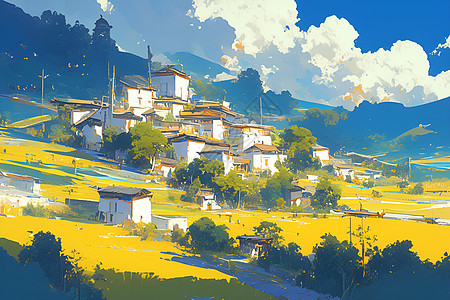田野里的村庄图片
