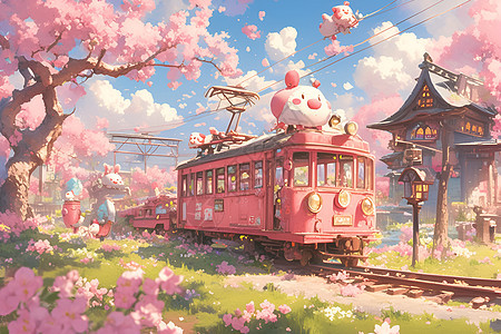 粉色火车穿行在春天里图片