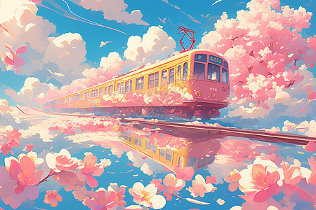 火车行驶在春日美景中图片