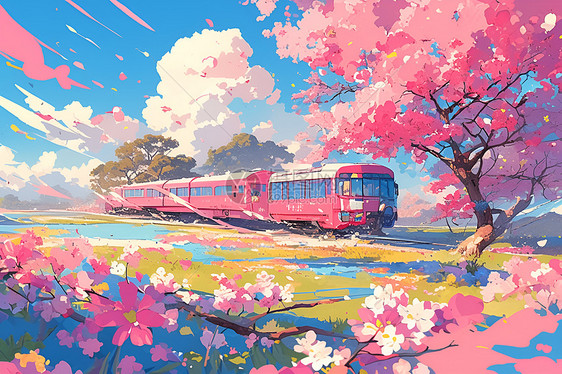 粉色火车穿过梦幻樱花园图片