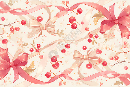 粉色丝带背景樱桃和蝴蝶结插画