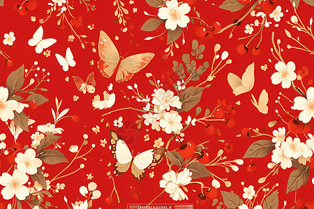 红色背景上的花朵蝴蝶图片